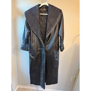 GIII Leather Maxi Trench Coat‎ Womens Black Paisley Collar Statement Outerwear